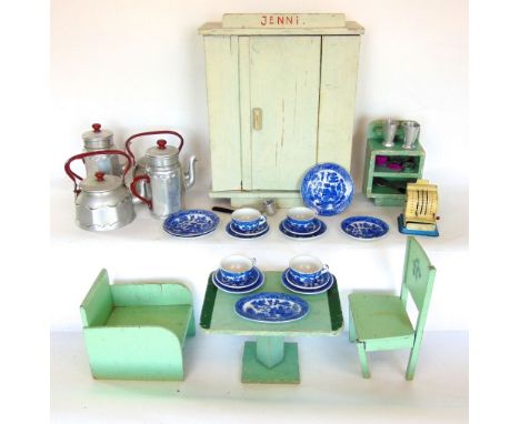 A collection of doll's house/scale furniture to include a wardrobe, table and chairs and side cabinet together with further s