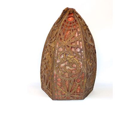 Pierced gilt metal and velum hanging light shade of oriental origin, pierced with a dragon and foliage