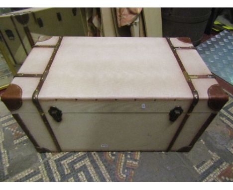 A vintage style travel trunk with canvas panels overlaid with leather and timber, 80 cm max