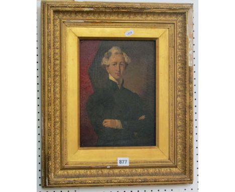 A 19th century oil painting on panel, half length portrait of a standing gentleman in black coat and white cravat with label 