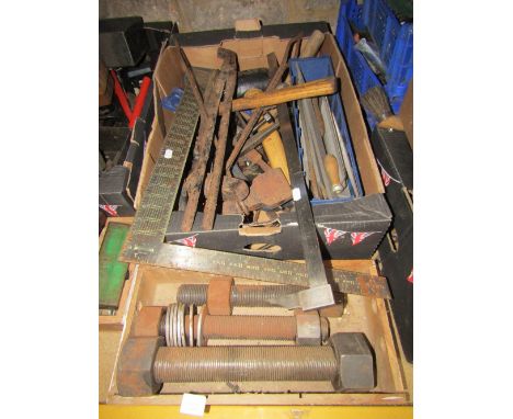 Box of miscellaneous hand tools, G clamps, hand drills, mallets, etc, three huge screws and nuts