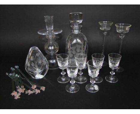 Collection of mainly Orrefors glass to include etched glass decanter with thistles, similar vase etched with meadow flowers, 