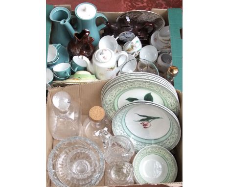 A collection of Poole pottery coffee wares with dark turquoise and white glaze comprising coffee pot, cream jug, sugar bowl, 