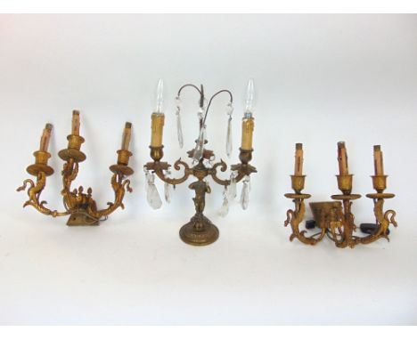 Mixed lot of lighting to include a twin branch candelabra with glass prismatic drops; together with a further pair of three b