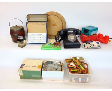 Box of interesting items to include Bakelite telephone, Carltonware pen stand, view master, various slides, etc