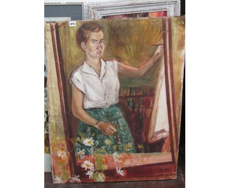 A mid 20th century oil painting on canvas, probably a self portrait of a young woman painting at an easel, inscribed verso Va