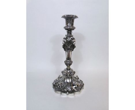 A large and impressive late 19th century silver plated centre pieces/candlestick embossed with masks, lion heads, grapevine, 