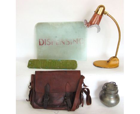 Mixed miscellaneous lot to include a vintage table lamp with art glass shade, a pewter caddy, a street sign "St Hubert's", a 