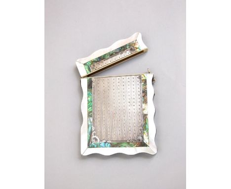 Fine serpentine card case, centrally fitted with an engine turned white metal panel, framed by abalone, mother of pearl and t
