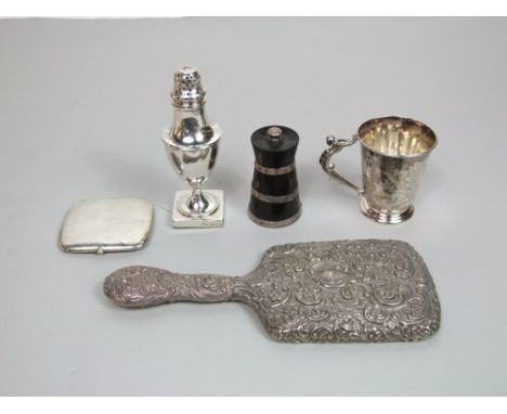 Georgian silver baluster shaped caster, Victorian silver fern etched christening tankard, planished silver cigarette case and