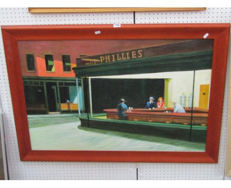 A contemporary oil painting on canvas after Jack Vettriano - 'Night in the City', 78x63cm unframed, together with a further o