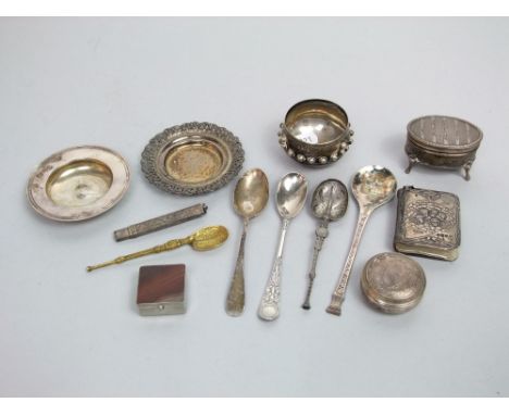 A collection of small silverware, Armada dish, five spoons, two lidded trinket boxes, two pierced dishes, silver mounted pray