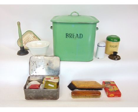 Mixed kitchenalia lot to include enamel bread bin, sugar canister together with ceramic jelly slides, brushes, plunger, etc