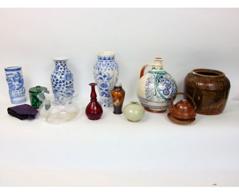 A box containing principally oriental ceramics to include a Chinese blue and white baluster vase and a Chinese pottery salt g