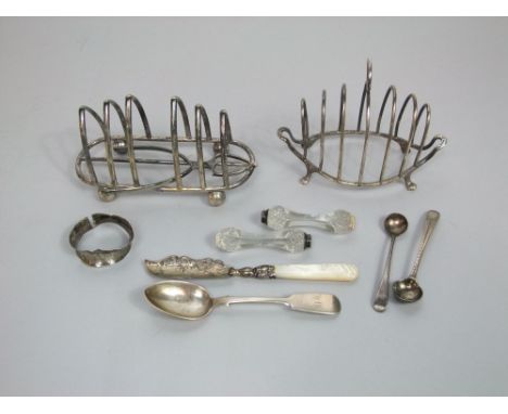 Open boat shaped silver six divisional toast rack, a further plated example and a mixed collection of silver flatware