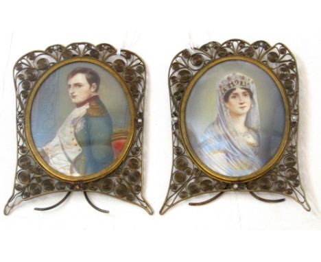 A pair of portrait miniatures showing Napoleon Bonaparte and Empress Josephine, she signed Cabon, both of oval form 8cm max s