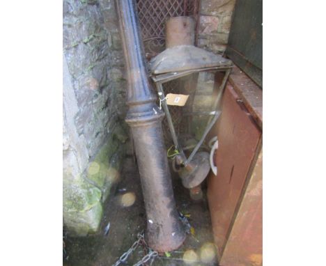 A reclaimed Victorian cast iron street lamp post with partially fluted column with oval stamp, complete with copper lantern h