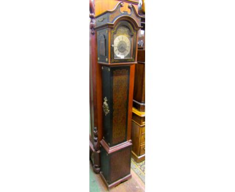 A small longcase clock with faux Boulle work marquetry detail, with broken arch dial, engraved detail and three train movemen