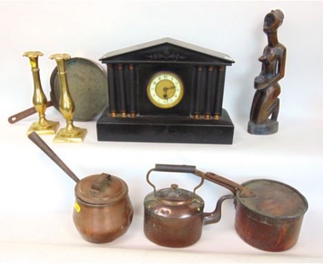 Good mixed lot to include 19th century black slate mantle clock in architectural case, together with a carved tribal figure o