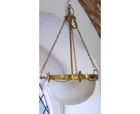 An art nouveau brass and frosted glass ceiling light, with beaded swag decoration; together with a similar smaller example (2
