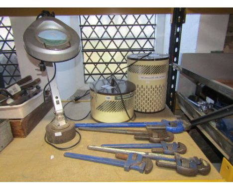 Two electric Microlene air filters, five large Stilsons, magnification bench light, further hand tools, etc