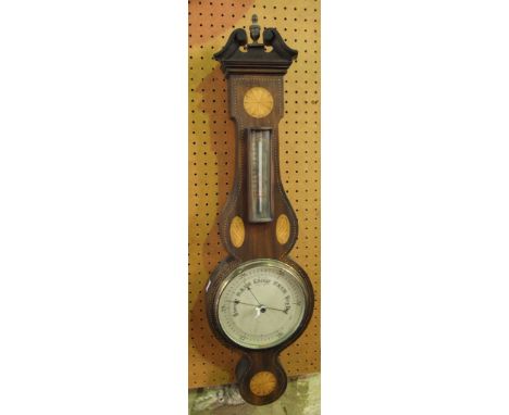 Edwardian walnut and boxwood inlaid barometer thermometer, with mercury barometer upon a silvered plate, inlaid with various 