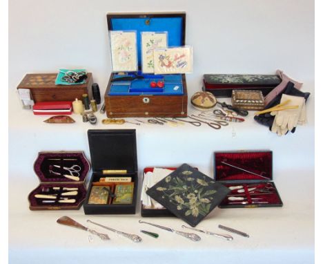 Collection of various boxes to include a Tunbridgeware and rosewood glove box, a rosewood and mother-of-pearl inlaid sewing b