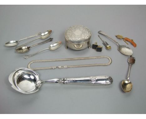 Cylindrical silver trinket box with engraved detail, silver and silver plated flatware, etc