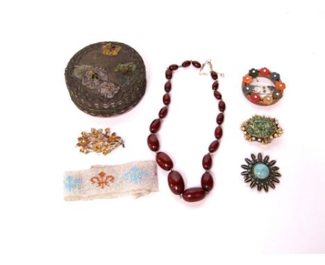 Three hallmarked silver items comprising a bracelet and two brooches - 21g, a yellow metal bar brooch set with heart shaped a