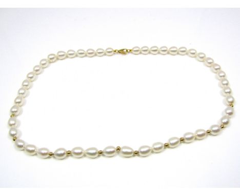 A cultured pearl necklace interspersed with gold beads and clasp marked 375