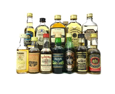 THIRTEEN SINGLE MALT SCOTCH WHISKY MINIATURES Includes: Balblair 10 years old (70° proof), Highland Park 8 years old (70° pro