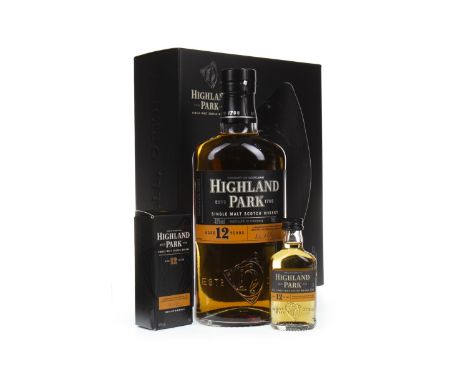 HIGHLAND PARK AGED 12 YEARS Single Malt Scotch Whisky 70cl, 40% volume, in box with two glasses, also includes 5cl miniature.
