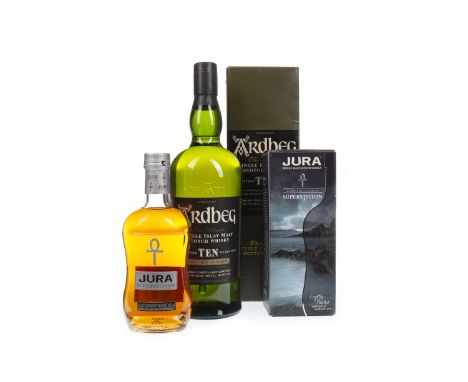 ARDBEG 10 YEARS OLD - ONE LITRE Single Malt Scotch Whisky One litre, 46% volume, in carton. JURA SUPERSTITION - 35CL Single M