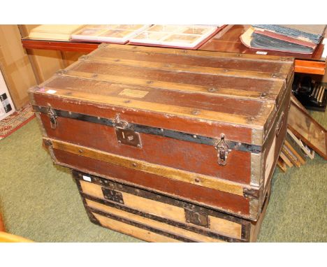 Edwardian Wood panelled and metal fitted travelling trunk 