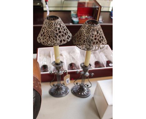 Pair of Gorham Silver Candle shades on Harp design candlesticks 