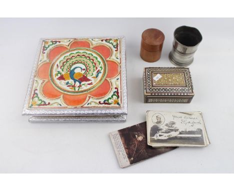 18thC Pewter Beaker, Treen lidded pot, Vintage Postcards and 2 lidded boxes 