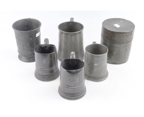 Collection of Pewter Tankards and a Pewter Lidded Tea caddy with engraved decoration 