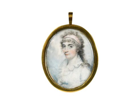 Follower of Richard Cosway Portrait miniature of a lady in white dress, frilled collar and pink bandeau in her hairwatercolou