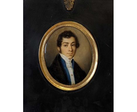 Continental School, early 19th century Portrait miniature of a gentleman in black frock coat and blue waistcoatreverse glass 