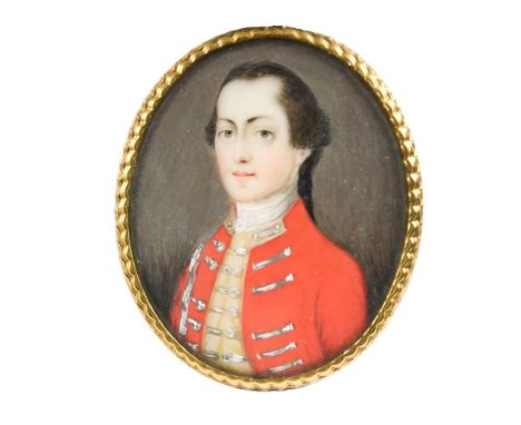 English School, circa 1760 Portrait miniature of a gentleman in red coat and yellow waistcoatwatercolour on ivory, braided ha