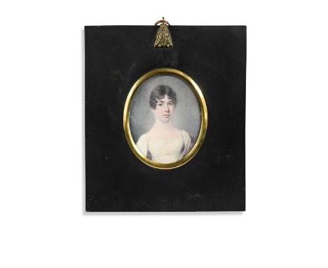 John Cox Dillman Engleheart (1784-1862) Portrait miniature of a lady, said to be Sarah Reynolds in an Empire-line dress and l