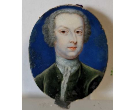 Circle of Bernard Lens III (1682-1740) Portrait miniature of a gentleman, thought to be Joseph Townsend, wearing dark green c