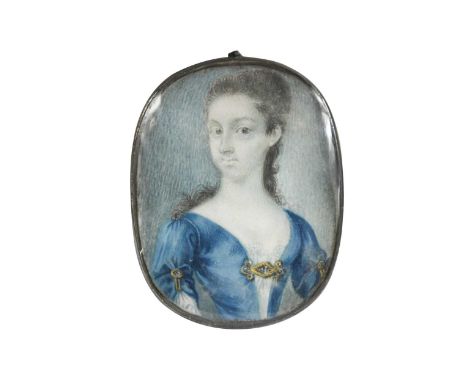 English School, circa 1700 Portrait miniature of a lady in a blue gown with a jewelled clasp at her breastwatercolour on vell