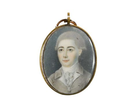 Circle of Gervase Spencer (1715-1763) Portrait miniature of a gentleman in grey coatwatercolour on ivory3.7cm; together with 