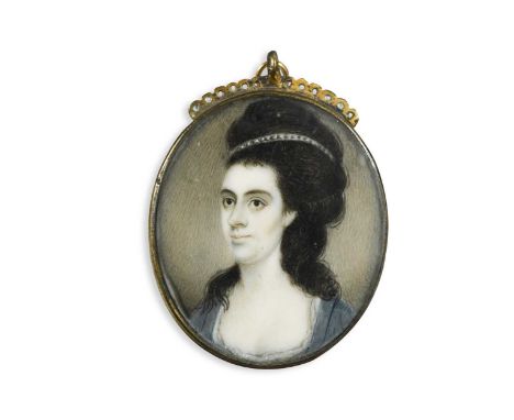 Circle of Richard Crosse (1742-1810) Portrait miniature of a lady in blue dress, her black hair partially upsweptwatercolour 