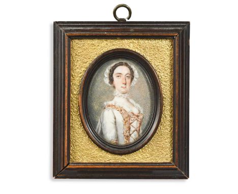 Circle of Peter Paul Lens (1714-1750) Portrait miniature of a lady wearing a white dress with brown embroidery and cross-lace