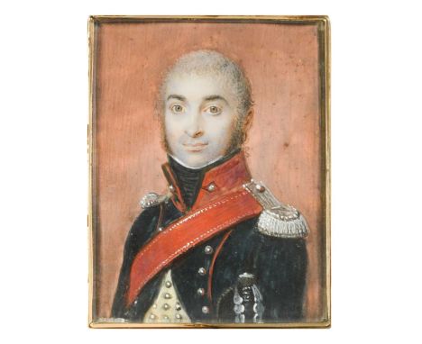 French School, circa 1800 Portrait miniature of an officer in uniform with red collar, silver epaulettes and a red sash, agai