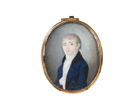 French School, circa 1800 Portrait miniature of a boy in blue coat and striped waistcoatwatercolour on ivory6cm; together wit