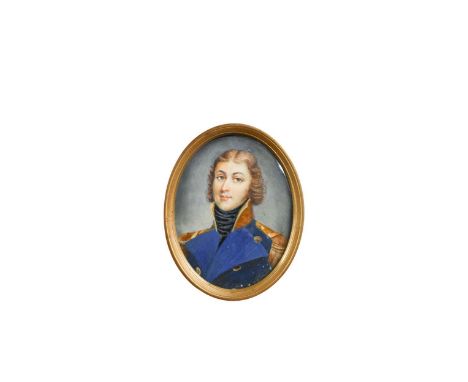 English School, 19th century Portrait miniature of a young naval officer in uniform with gold epaulettes watercolour on ivory