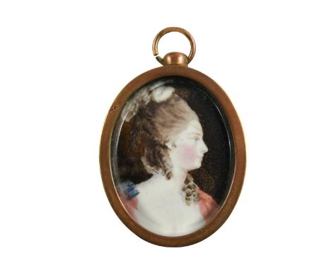 Circle of William Grimaldi (1751-1830) Portrait miniature of a lady in a pink dress, her upswept hair decorated with feathers